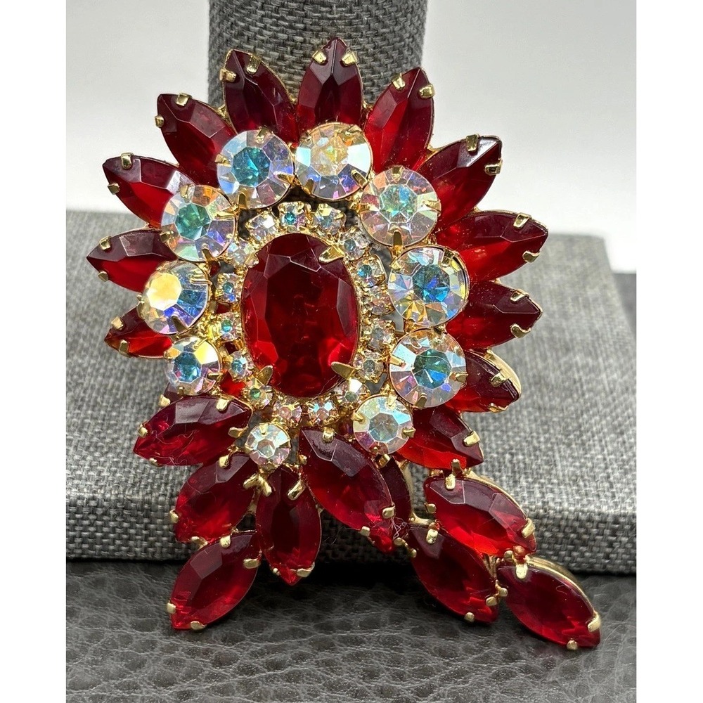 VTG Juliana Red Rhinestone Flower Brooch Aurora Borealis Crystal Gold Tone